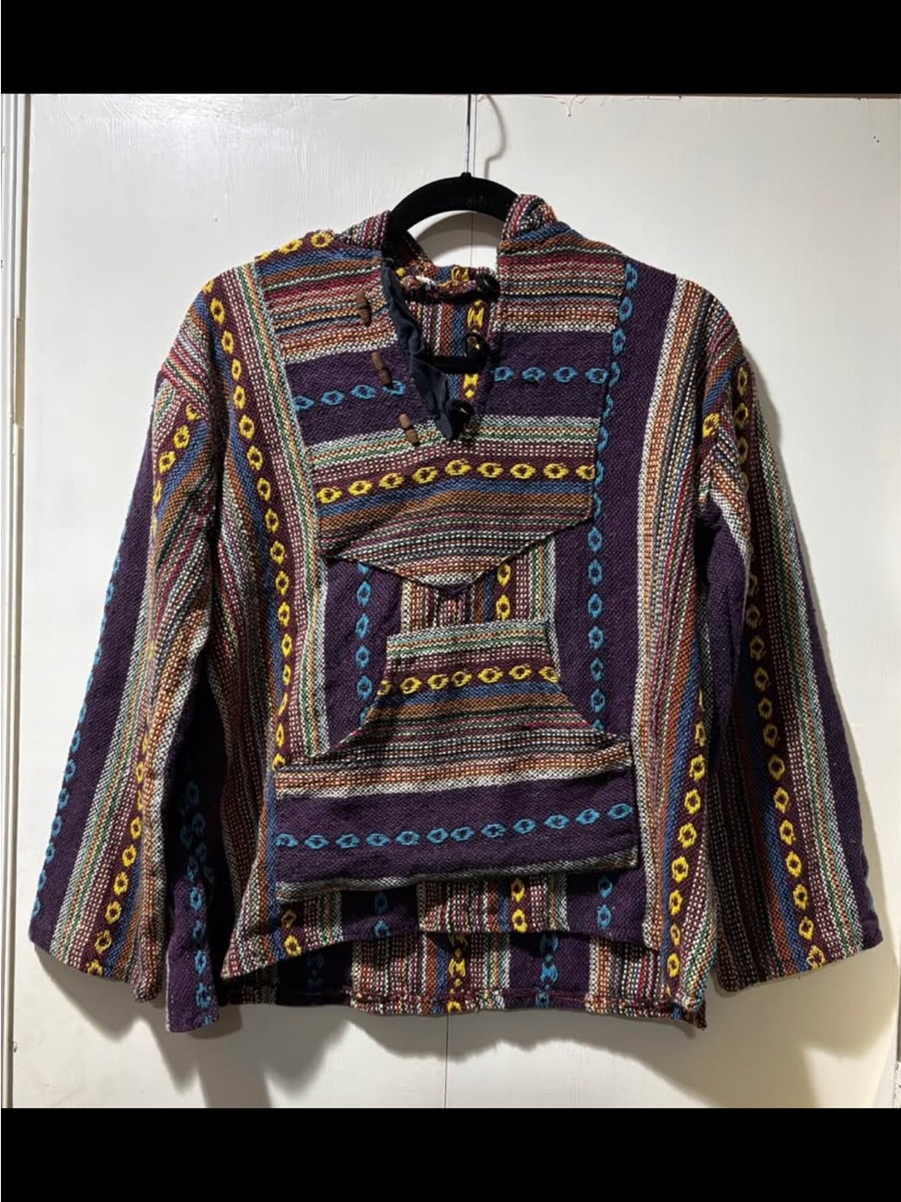 Colorful Cotton Hoodie Baja Poncho  Women's Petite Small Wooden Bead Buttons